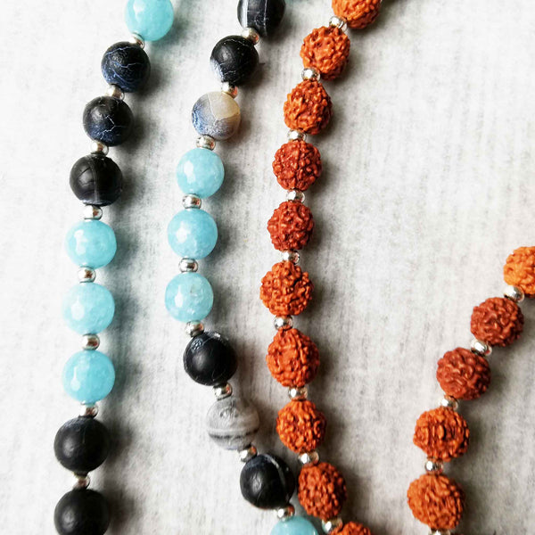 Mala Beads with Blue Sponge, Blue Agate and Rudraksha seeds.
