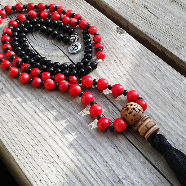 Mala with red coral and onyx